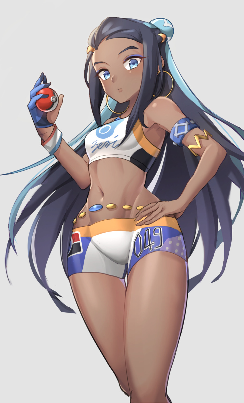 1girl, armlet, bare_shoulders, belly_chain, black_hair, blue_eyes, blue_hair, breasts