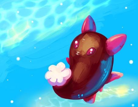 aclockworkkitten, gen_7_pokemon, no_humans, ocean, pokemon, pokemon_(creature), pokemon_sm, pyukumuku, red_eyes, sea, sea_cucumber, smile