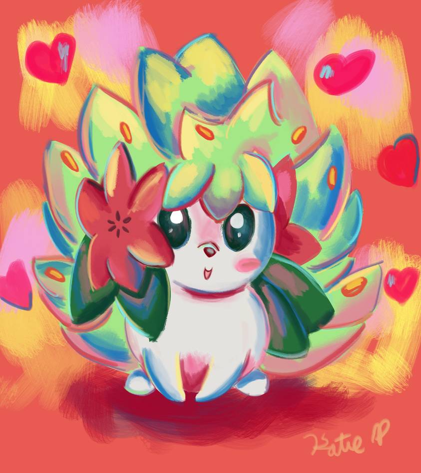 aclockworkkitten, flower, flower_on_head, gen_4_pokemon, green_eyes, green_hair, heart, pokemon