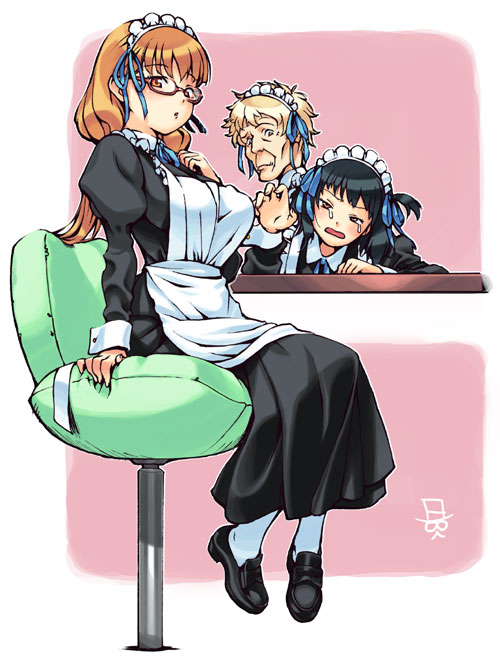 black_hair, blonde_hair, breast_envy, chair, glasses, hair_ribbon, hair_ribbons, hairband