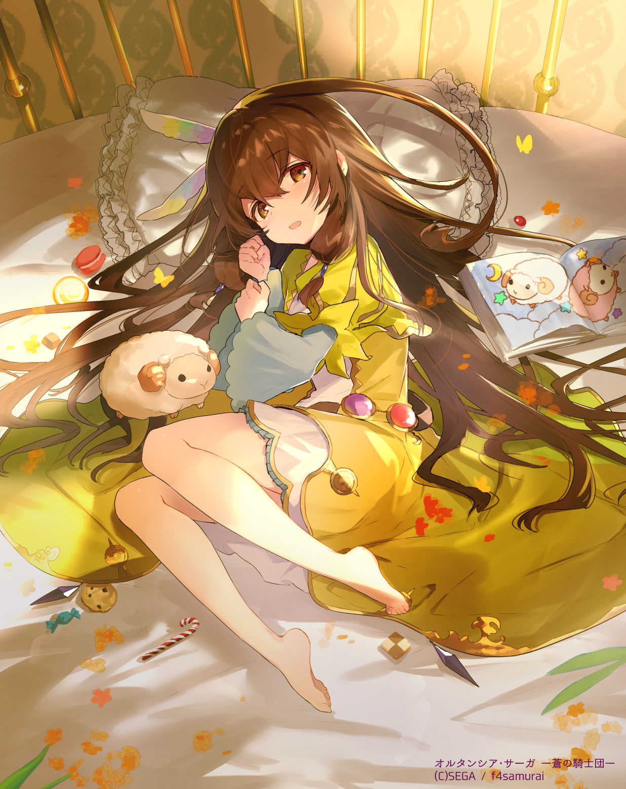 barefoot, brown_eyes, brown_hair, candy, candy_cane, checkerboard_cookie, clenched_hand, company_name