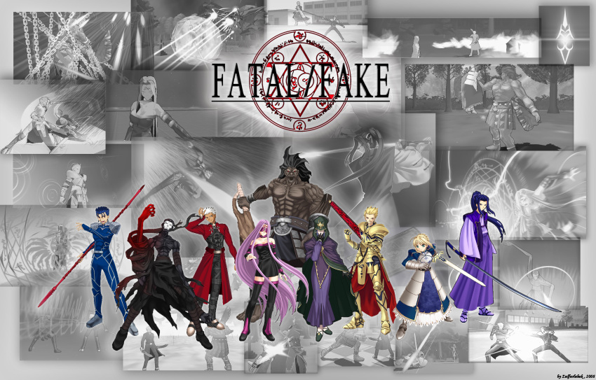 armor, assassin_(f/sn), avenger, belt, berserker, black_hair, blonde_hair, blue_hair, caster, chain, ea_(fate/stay_night), everyone, excalibur, fatal_fake, fate/stay_night, fate_(series), fate_servants, gae_bolg, gilgamesh, gloves, hat, highres, katana, lance, lancer, long_hair, mask, monohoshizao, polearm, purple_hair, rider, saber, short_hair, spear, sword, thighhighs, true_assassin, weapon, white_hair