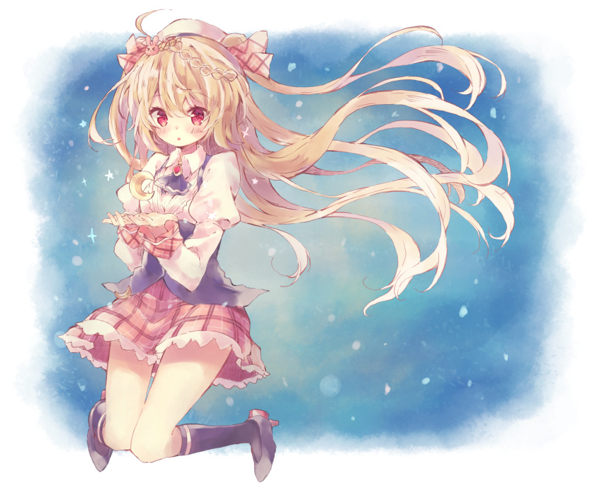 1girl, absurdres, ascot, azur_lane, bangs, beret, black_footwear, black_legwear, blonde_hair, blue_neckwear, blush, braid, bunny_hair_ornament, checkered, checkered_ribbon, checkered_skirt, collared_shirt, commentary, crescent, crescent_(azur_lane), eyebrows_visible_through_hair, floating, floating_hair, hair_ornament, hair_ribbon, hat, highres, juliet_sleeves, kneehighs, knees_together_feet_apart, lace, lace-trimmed_skirt, long_hair, long_sleeves, looking_at_viewer, narumi_midori, outstretched_hand, parted_lips, pink_eyes, pink_ribbon, pink_skirt, puffy_sleeves, retrofit_(azur_lane), ribbon, rudder_footwear, shirt, sidelocks, skirt, sleeve_cuffs, solo, two_side_up, very_long_hair, w_arms, white_headwear, white_shirt