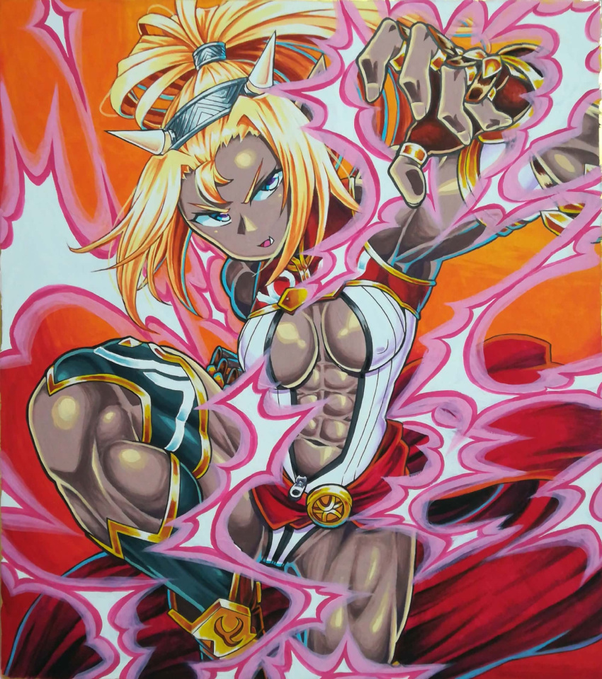 1girl, abs, bestla_(sennen_sensou_aigis), blonde_hair, blue_eyes, breasts, clenched_hand, covered_nipples, crane_stance, dark_skin, fang, fighting_stance, hair_intakes, high_ponytail, highres, horns, medium_breasts, muscle, muscular_female, navel, open_clothes, orc, sennen_sensou_aigis, solo, soune1000, standing, standing_on_one_leg, traditional_media, white_background, zipper