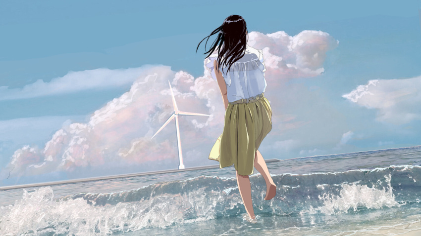 1girl, barefoot, beach, black_hair, blue_sky, breaking_wave, clouds, cloudy_sky
