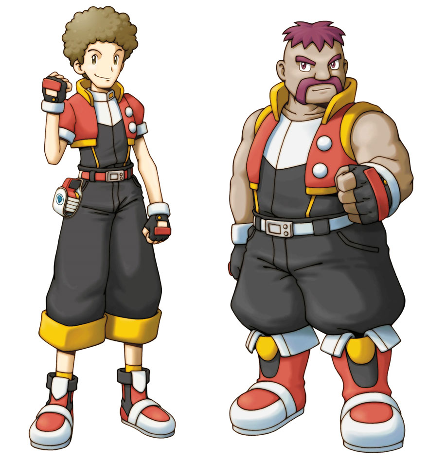 2boys, afro, artist_request, barrow_(pokemon), belt, black_gloves, brown_eyes, brown_hair