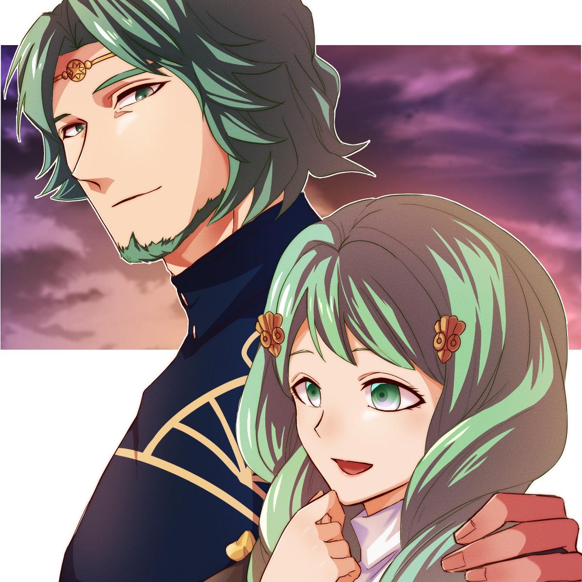 1boy, 1girl, beard, circlet, clouds, drill_hair, facial_hair, family