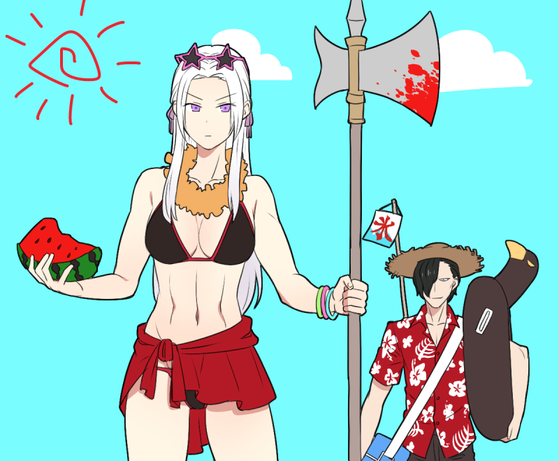 1boy, 1girl, abs, asutarou, axe, bikini, blonde_hair, blue_eyes, edelgard_von_hresvelg, fire_emblem, fire_emblem:_three_houses, fire_emblem:_three_houses, fire_emblem_16, food, fruit, hair_ornament, hair_ribbon, hubert_von_vestra, intelligent_systems, koei_tecmo, long_hair, looking_at_viewer, navel, nintendo, ribbon, shirt, simple_background, smile, swimsuit, watermelon