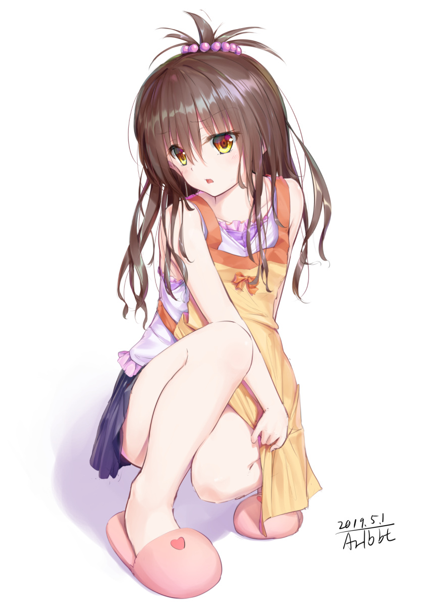 1girl, 2019, apron, bangs, blue_skirt, brown_hair, dated, eyebrows_visible_through_hair