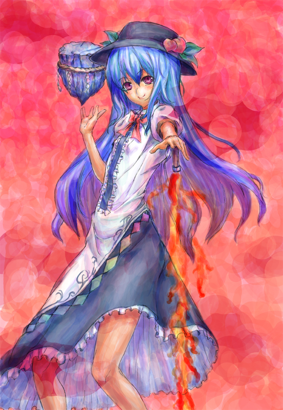 food, fruit, hat, hinanawi_tenshi, juuka@100neko, juuka@100neko_(pixiv), keystone, long_hair, peach, peaches, ribbon, ribbons, shimenawa, sword, sword_of_hisou, touhou, weapon