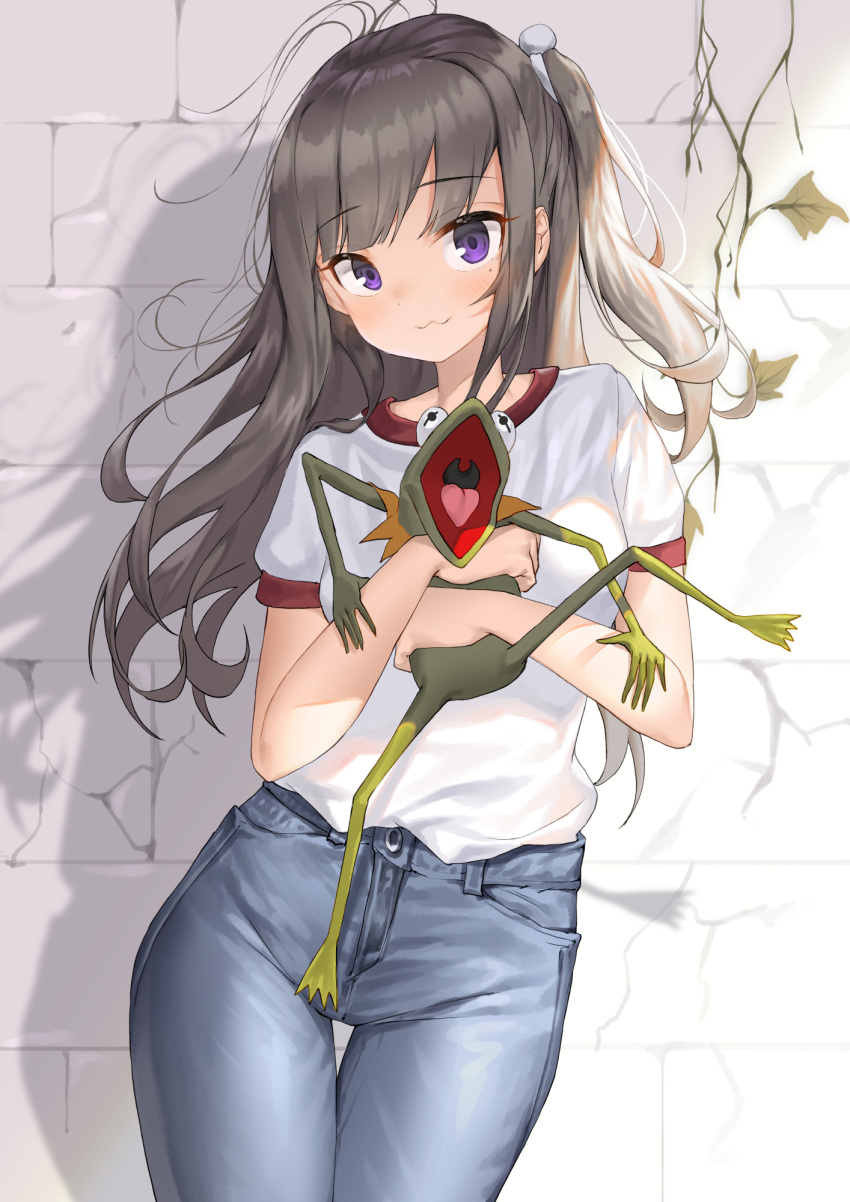 1girl, 1other, :3, bangs, black_hair, blue_pants, blush, brick_wall
