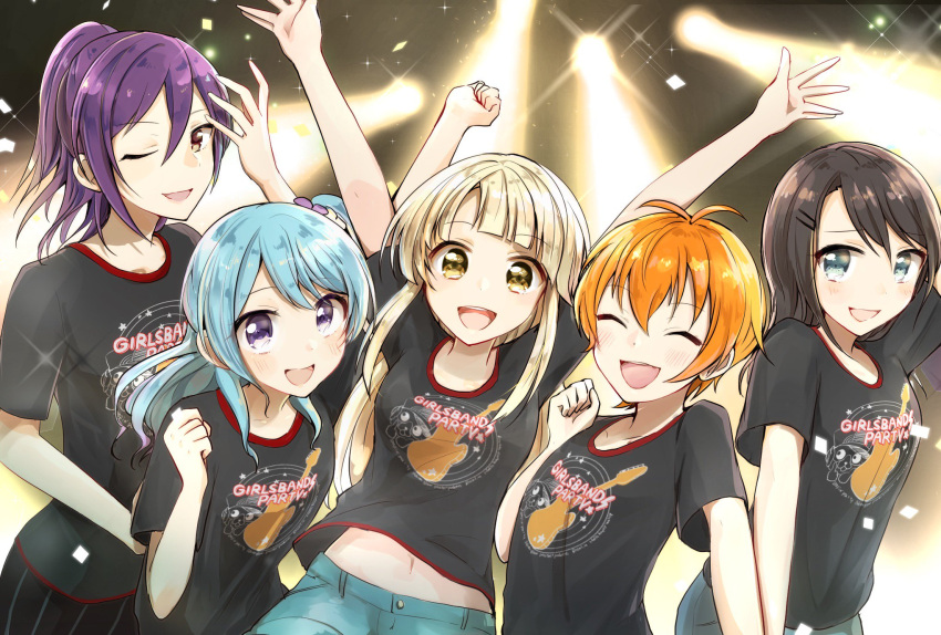 5girls, :d, \o/, ^_^, antenna_hair, arms_up, bang_dream!, black_hair