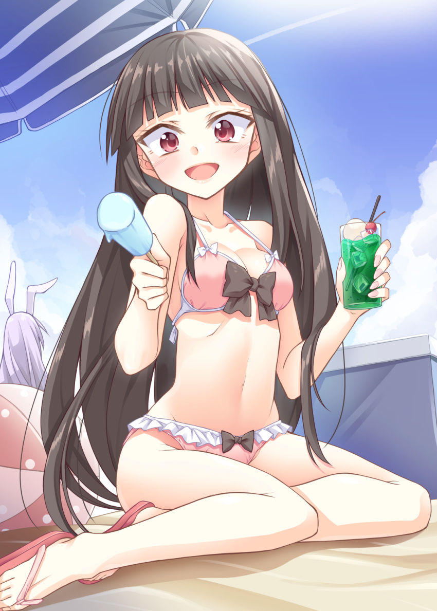 2girls, :d, animal_ears, ball, bangs, beach_umbrella, beachball, bikini