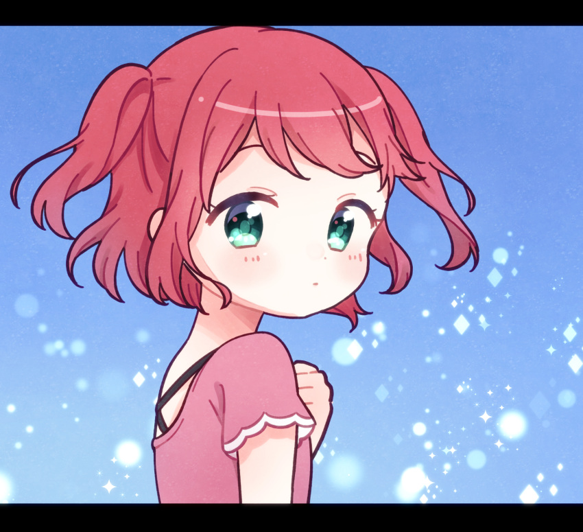 1girl, aqua_eyes, bangs, blue_background, commentary_request, expressionless, hand_on_own_chest, happy_party_train