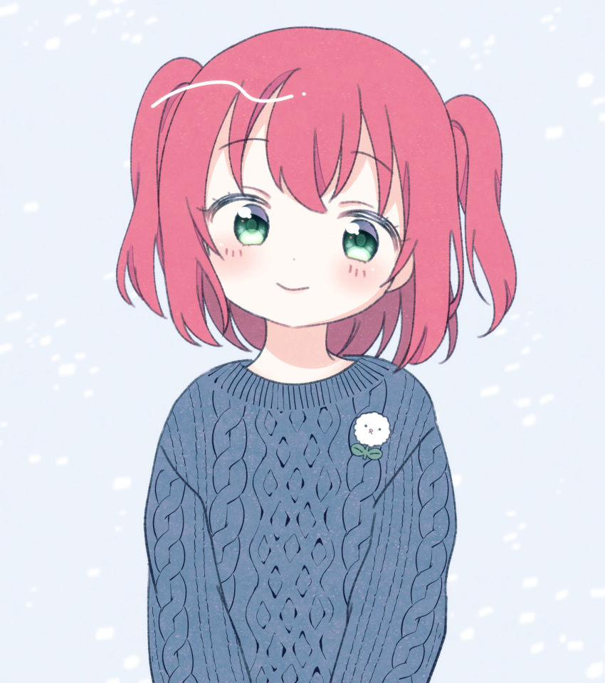 1girl, arms_at_sides, badge, bangs, black_sweater, blue_background, blush, button_badge