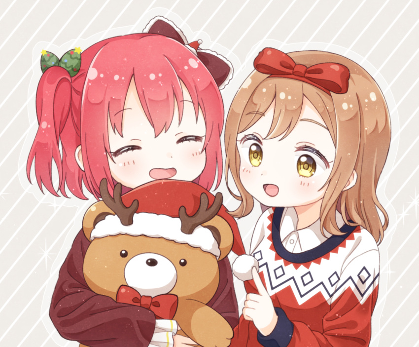 2girls, :d, ^_^, antlers, bangs, black_bow, bow, bowtie