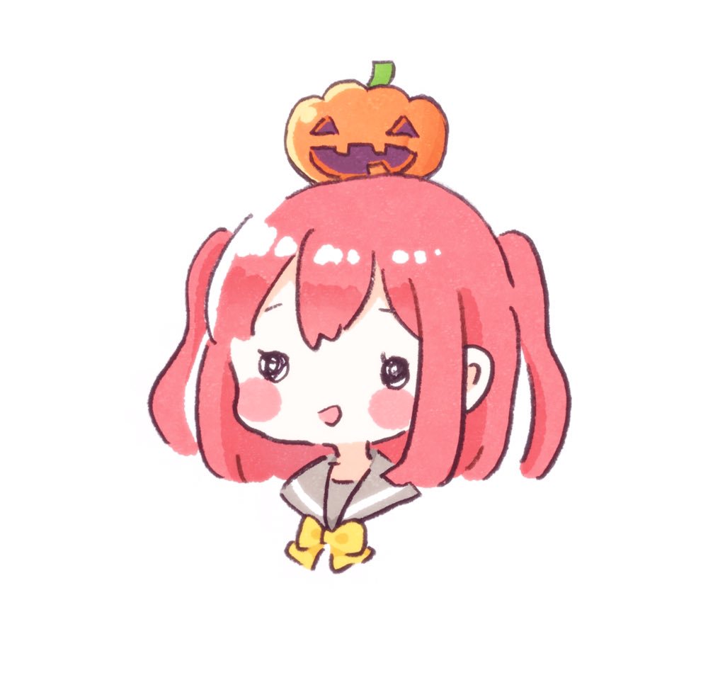 1girl, :d, ascii_media_works, bangs, blush_stickers, bow, bowtie, bushiroad, crayon, halloween, jack-o'-lantern, kurosawa_ruby, love_live!, love_live!_sunshine!!, moe, object_on_head, open_mouth, redhead, school_uniform, serafuku, short_hair, simple_background, smile, solid_circle_eyes, solo, sunrise_(studio), two_side_up, upper_body, uranohoshi_school_uniform, white_background, yashino_84, yellow_neckwear