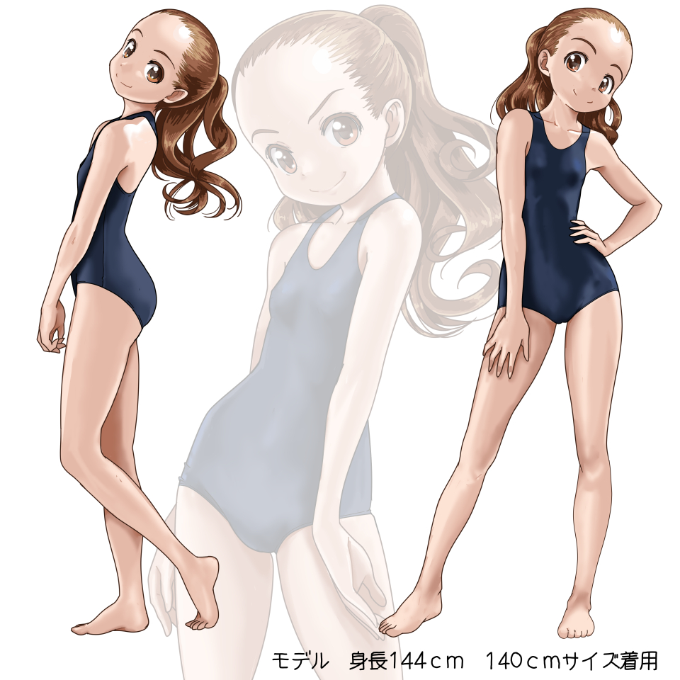 2girls, ass, barefoot, brown_eyes, brown_hair, commentary_request, forehead, from_side