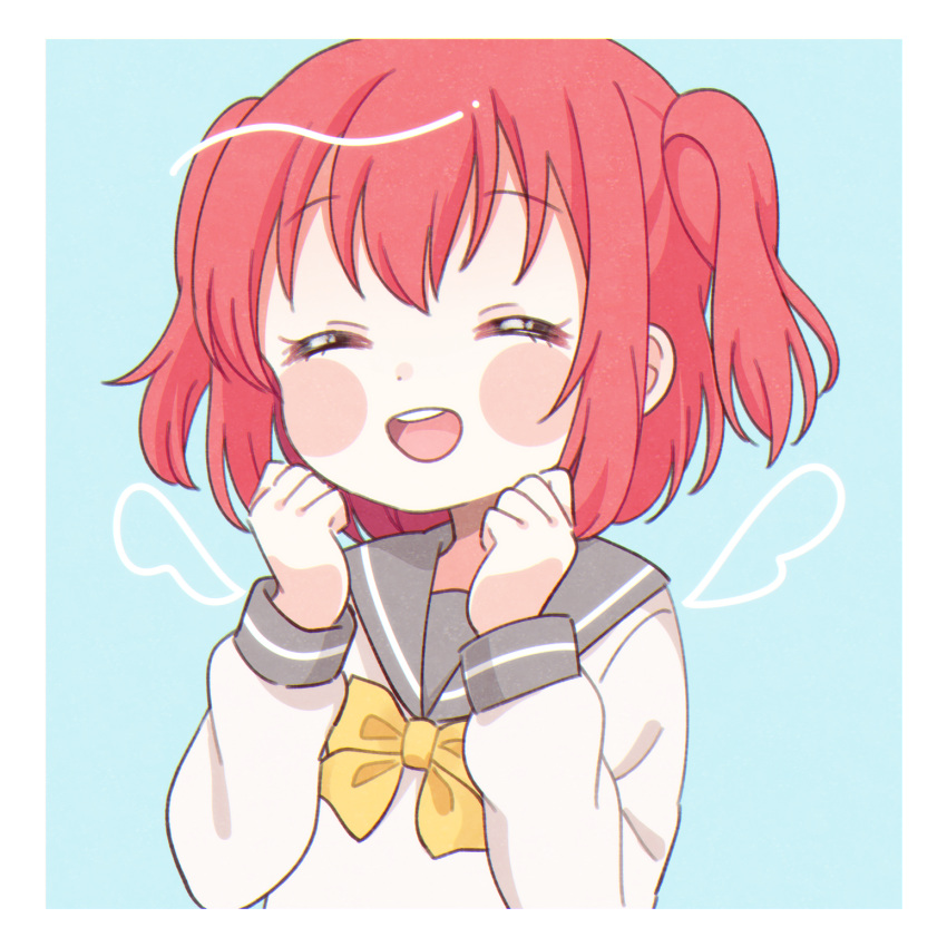 1girl, :d, ^_^, bangs, blue_background, blush_stickers, border, bow