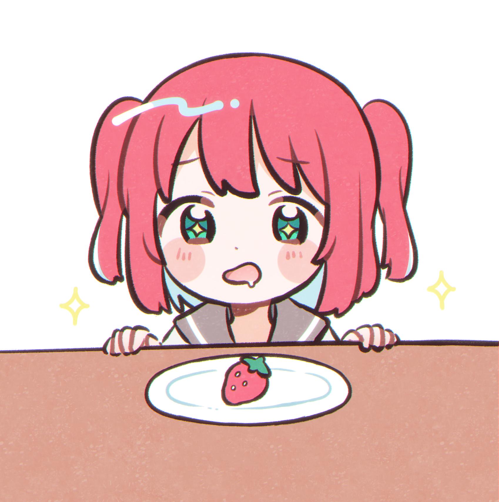 +_+, 1girl, bangs, blush_stickers, commentary_request, drooling, food, fruit