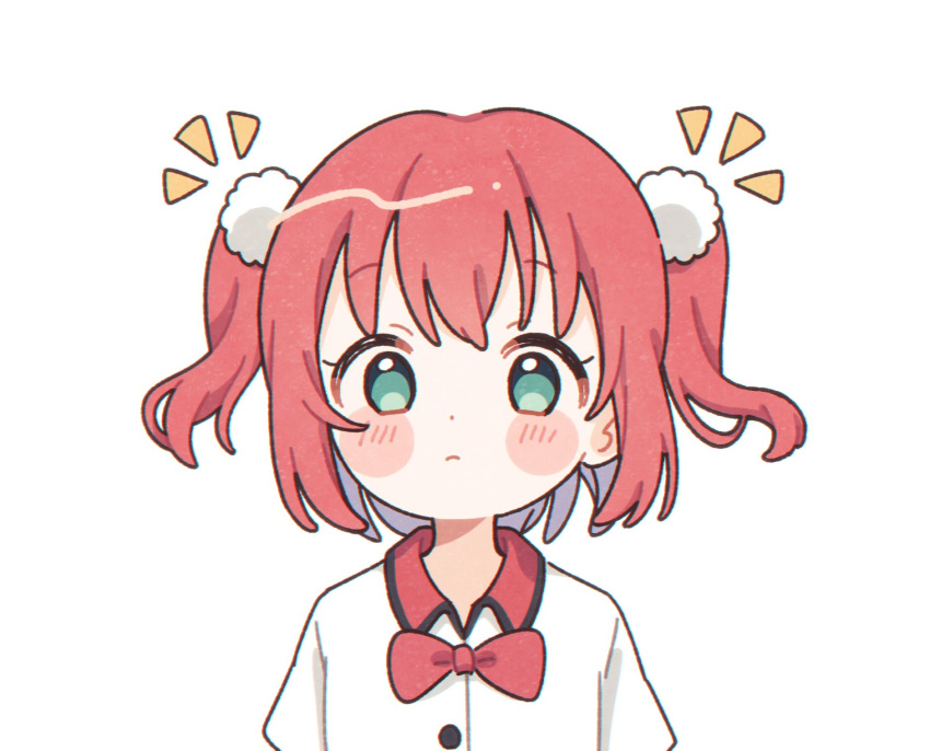 1girl, aqua_eyes, bangs, blush_stickers, bow, bowtie, collared_shirt, commentary_request