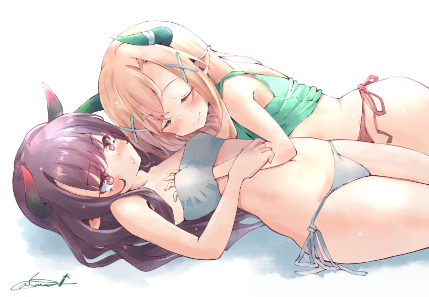 2girls, azur_lane, bandeau, bare_shoulders, bikini, black_hair, blush, breast_grab, breasts, brown_hair, closed_eyes, commentary_request, grabbing, green_shirt, highres, horns, kuroshio_(azur_lane), long_hair, lying, multiple_girls, oyashio_(azur_lane), pointy_ears, sanagi_(ajtoekaki64166329), shirt, side-tie_bikini, signature, small_breasts, smile, swimsuit, yuri