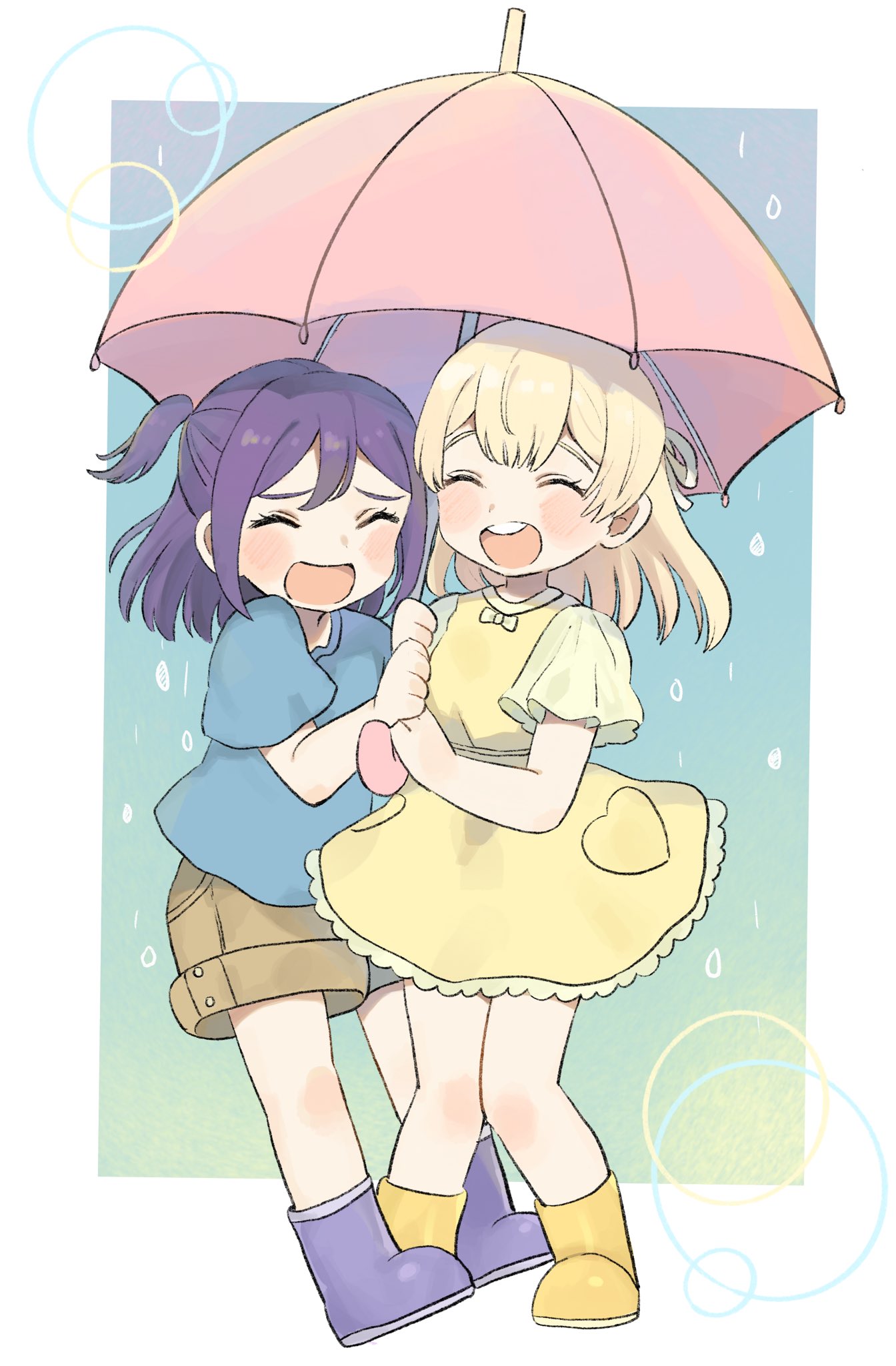 2girls, :d, ^_^, bang_dream!, blonde_hair, blue_footwear, blue_shirt, blush