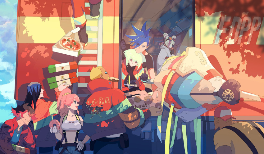 aina_ardebit, belt, blue_eyes, blue_hair, candy, doughnut, eating, firefighter