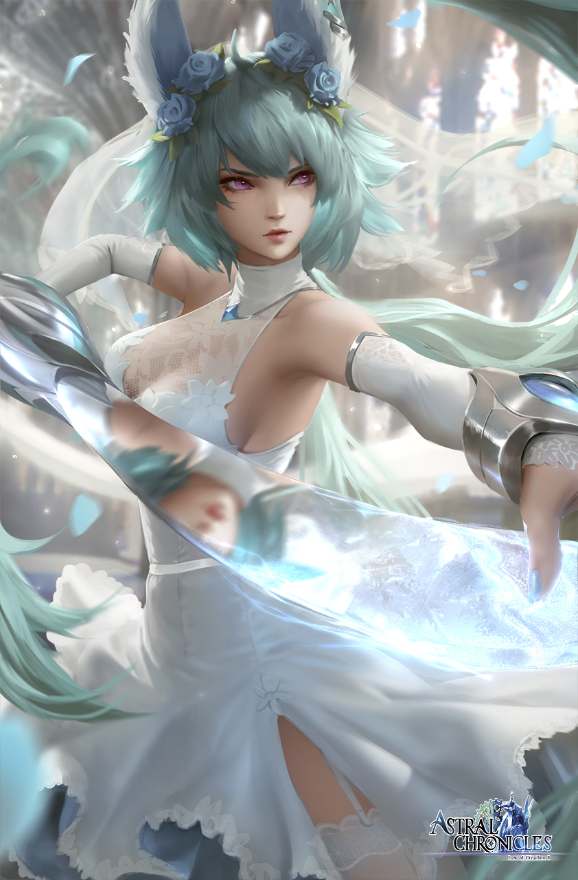 1girl, animal_ears, aqua_hair, astral_chronicles, bangs, blurry, blurry_background, breasts