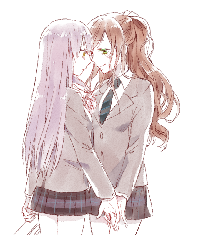 2girls, bang_dream!, bangs, blazer, brown_hair, face-to-face, green_eyes, grey_hair, grey_jacket, half_updo, haneoka_school_uniform, holding_hands, imai_lisa, jacket, kamesuke_(turtle0124), long_hair, long_sleeves, minato_yukina, miniskirt, multiple_girls, navy_blue_neckwear, navy_blue_skirt, necktie, plaid, plaid_skirt, playing_with_another's_hair, pleated_skirt, same_height, school_uniform, sidelocks, simple_background, skirt, striped, striped_neckwear, white_background, yellow_eyes, yuri