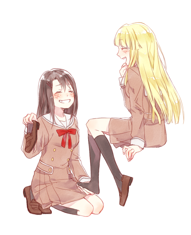 2girls, ^_^, bang_dream!, bangs, black_hair, black_legwear, blonde_hair, blush
