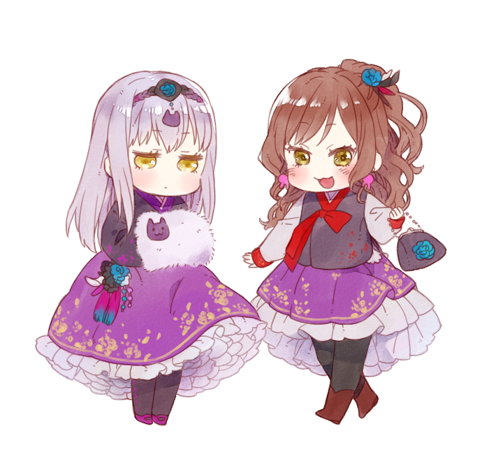 2girls, :3, :d, bag, bang_dream!, bangs, black_vest, blue_flower