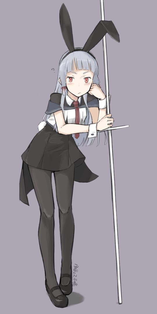 animal_ears, black_legwear, black_skirt, bunny_tail, kantai_collection, kusakasima, long_hair, murakumo_(kantai_collection), pantyhose, polearm, rabbit_ears, red_eyes, shoes, sidelocks, simple_background, skirt, spear, tail, weapon, white_hair, wrist_cuffs