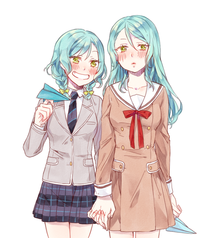 2girls, aqua_hair, bang_dream!, blazer, blue_neckwear, blush, braid, brown_dress