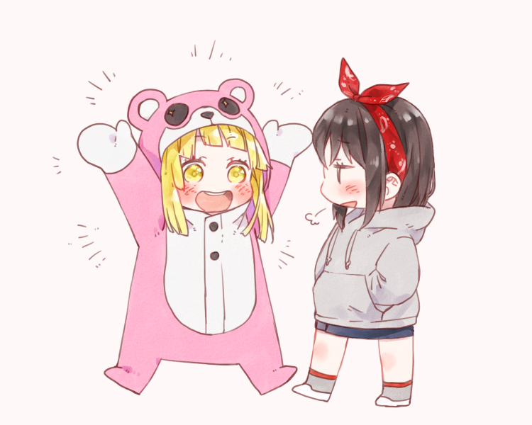 2girls, :d, =3, \o/, animal_costume, arms_up, bang_dream!, bear_costume