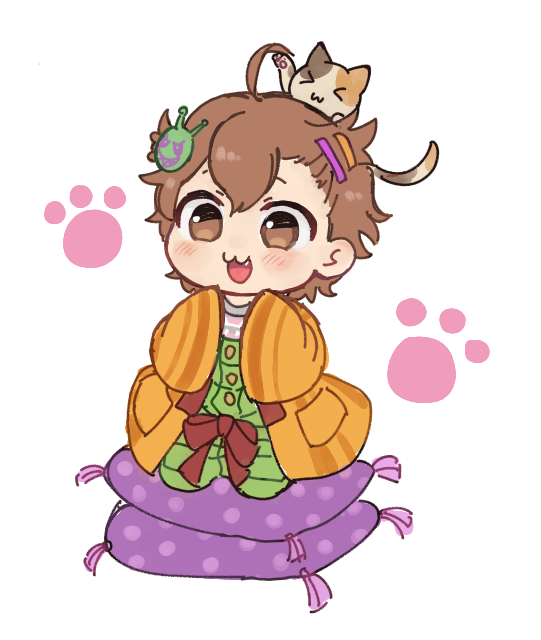 1boy, ahoge, animal, animal_on_head, brown_hair, calico, cat, chibi