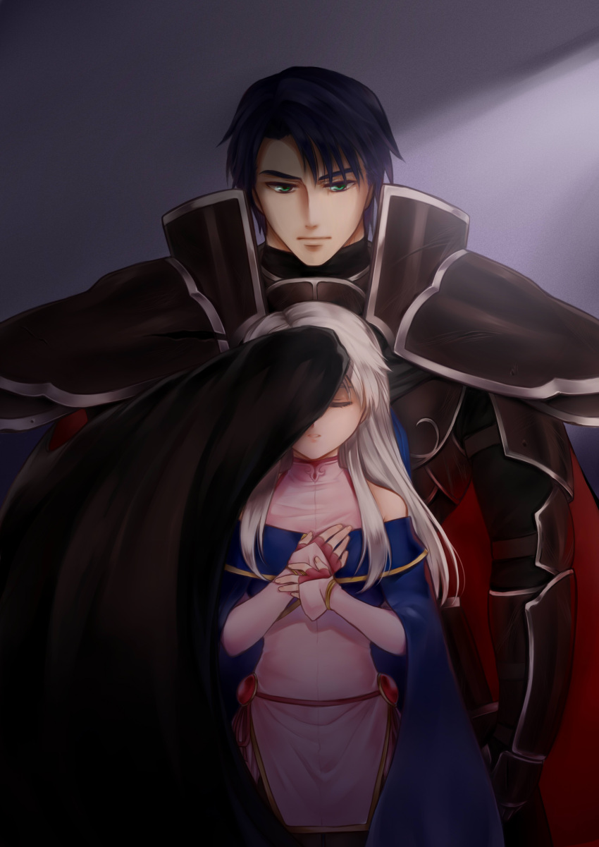 1boy, 1girl, absurdres, armor, bangle, bare_shoulders, black_armor, black_cape