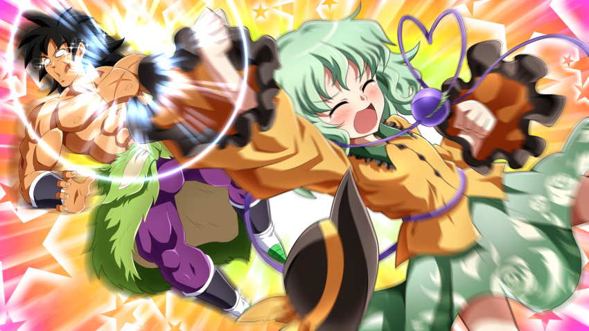 abs, black_hair, black_headwear, blurry, broly_(dragon_ball_super), clenched_hands, closed_eyes, commentary_request