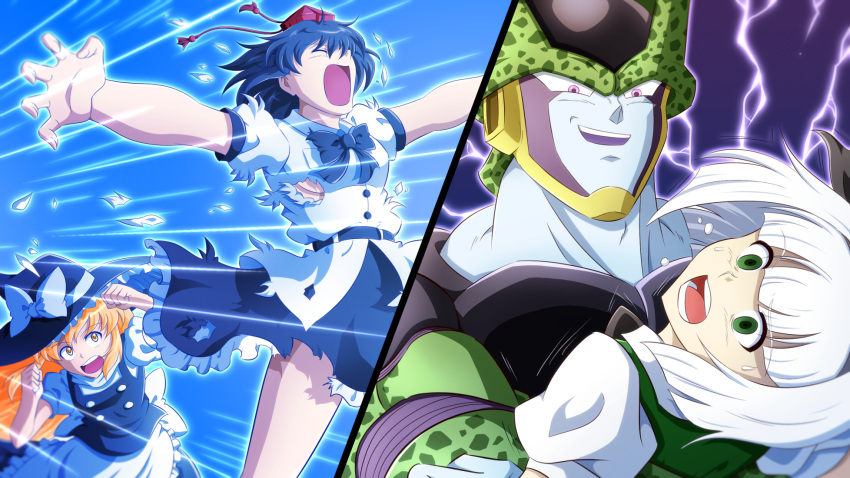 1boy, 3girls, apron, bear_hug, black_hair, blonde_hair, bow, breasts, cell_(dragon_ball), closed_eyes, commentary_request, crossover, dragon_ball, dragon_ball_z, empty_eyes, frilled_skirt, frills, green_eyes, hat, hat_bow, highres, kirisame_marisa, konpaku_youmu, medium_breasts, multiple_girls, ohoho, open_mouth, parody, perfect_cell, pink_eyes, puffy_short_sleeves, puffy_sleeves, shameimaru_aya, short_sleeves, skirt, sweat, tokin_hat, torn_clothes, touhou, waist_apron, white_hair, witch_hat, yellow_eyes