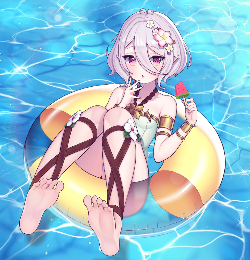 1girl, absurdres, antenna_hair, bangs, bare_shoulders, barefoot, bikini, breasts