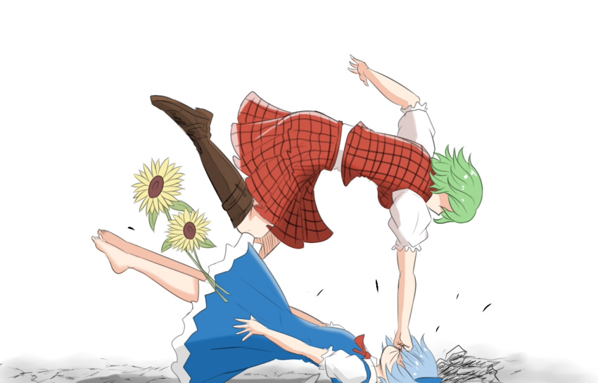 2girls, barefoot, blue_bow, blue_dress, blue_hair, boots, bow, brown_footwear