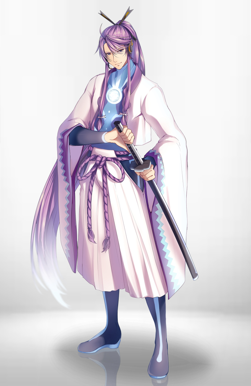 1boy, absurdres, belt, blue_footwear, bodysuit, bodysuit_under_clothes, boots, commentary, english_commentary, full_body, glowing, glowing_bodysuit, hair_ornament, hair_stick, hakama, haori, headphones, highres, holding, holding_sheath, holding_sword, holding_weapon, jacket, japanese_clothes, kamui_gakupo, katana, knee_boots, long_hair, looking_at_viewer, male_focus, microphone, mixed-language_commentary, ponytail, purple_hair, reflection, rope_belt, samurai, sheath, sheathed, sidelocks, smile, sword, vocaloid, weapon, white_hakama, white_jacket, wide_sleeves, yen-mi