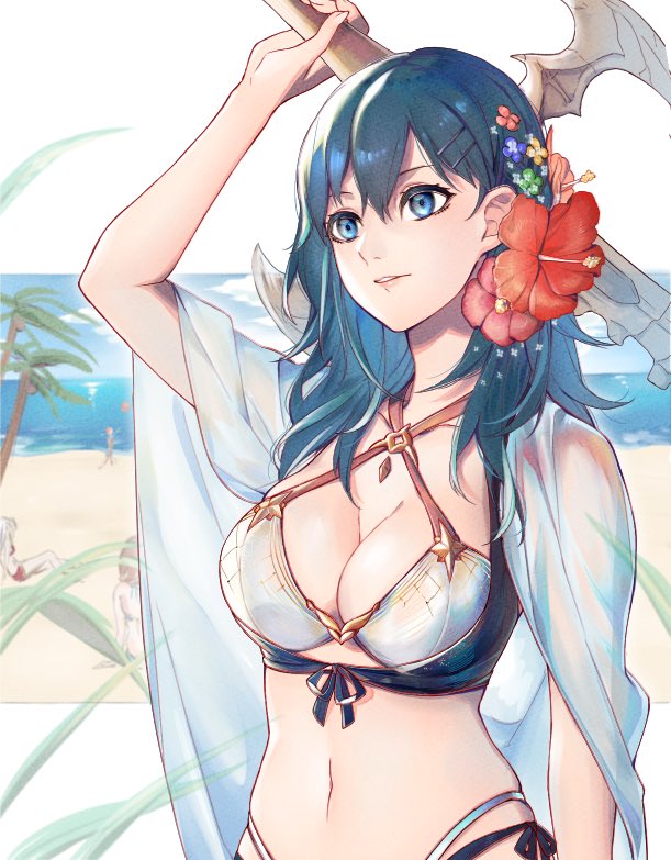 1girl, annette_fantine_dominic, bikini, blue_eyes, blue_hair, breasts, byleth_(fire_emblem), byleth_eisner_(female)
