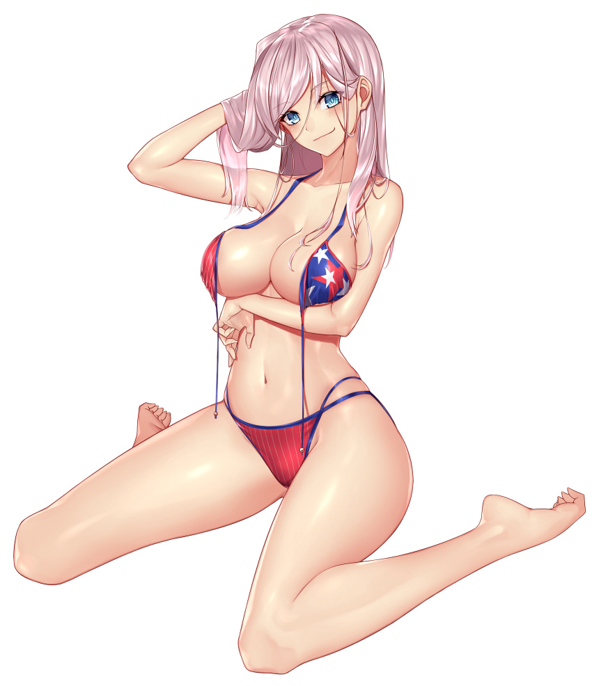 1girl, absurdres, american_flag_bikini, arm_under_breasts, bikini, blue_eyes, breast_hold, breasts