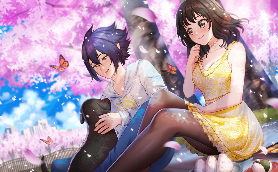1boy, 1girl, amajiki_tamaki, artist_name, bangs, bare_arms, bare_shoulders, black_legwear