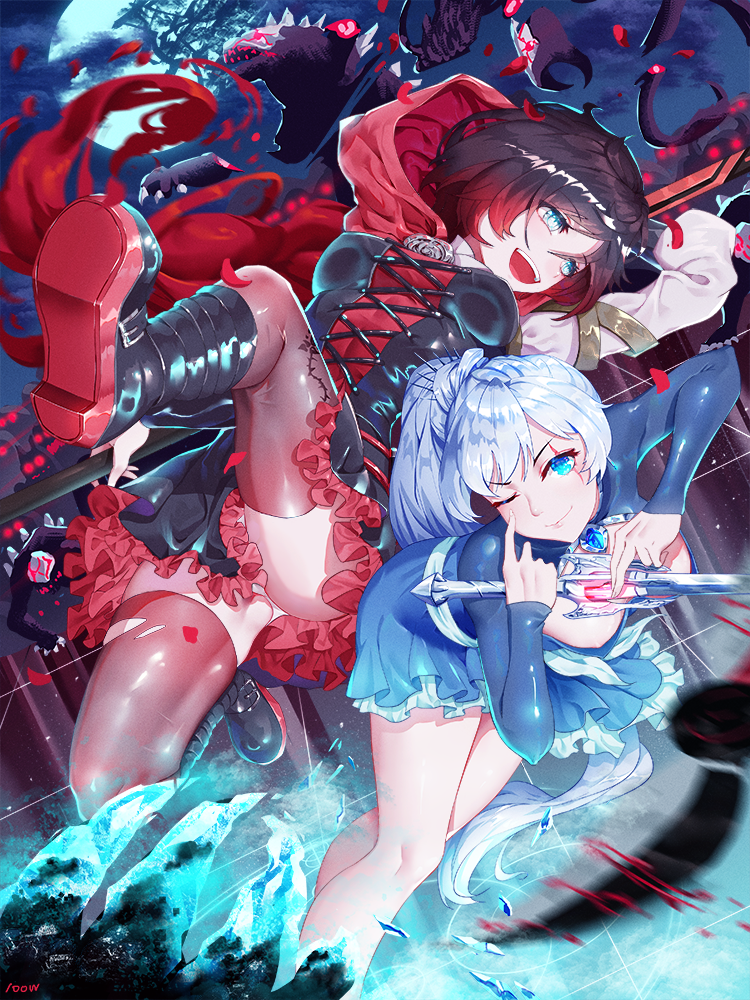 1girl, 2girls, bangs, black_dress, black_footwear, black_hair, blue_eyes, boots