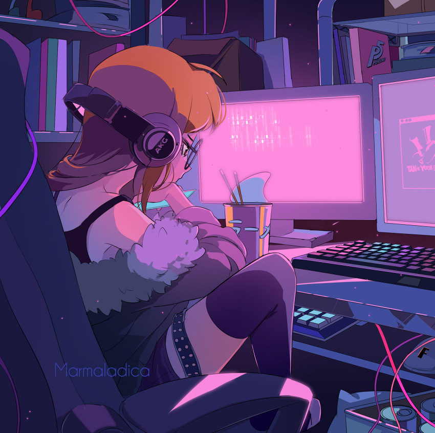 1girl, aesthetics, ahoge, akg, artist_name, at_computer, atlus, bangs, black_legwear, brown_eyes, chair, chin_rest, chopsticks, closed_mouth, commentary, computer, copyright_name, from_side, fur-trimmed_jacket, fur_trim, glasses, headphones, highres, indoors, jacket, keyboard_(computer), long_hair, marmalade_(elfless_vanilla), megami_tensei, monitor, off_shoulder, office_chair, orange_hair, persona, persona_5, ramen, round_eyewear, sakura_futaba, sitting, solo, thigh-highs