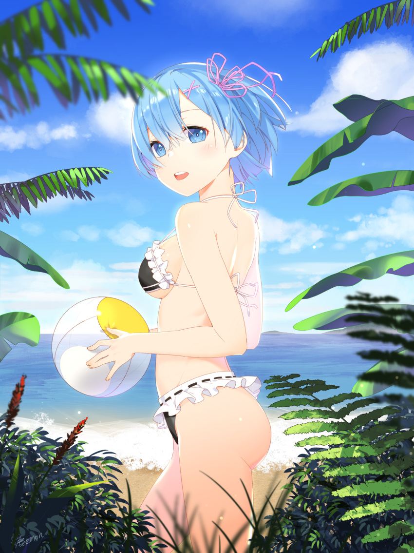 1girl, :d, ass, ball, beach, beachball, bikini, black_bikini