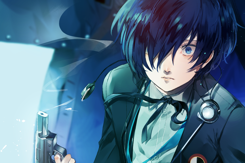 1boy, atlus, black_jacket, black_ribbon, blue_eyes, blue_hair, collared_shirt, dress_shirt