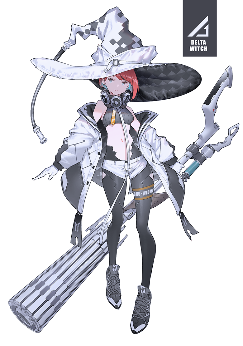 1girl, bare_shoulders, belt, black_footwear, black_legwear, blue_eyes, blue_hair, broom, closed_mouth, gloves, hat, holding, holding_broom, jacket, large_hat, mechanical_broom, mogumo, multicolored, multicolored_hair, navel, orange_hair, original, shoes, short_shorts, shorts, simple_background, smile, sneakers, solo, standing, white_background, white_belt, white_gloves, white_jacket, witch, witch_hat